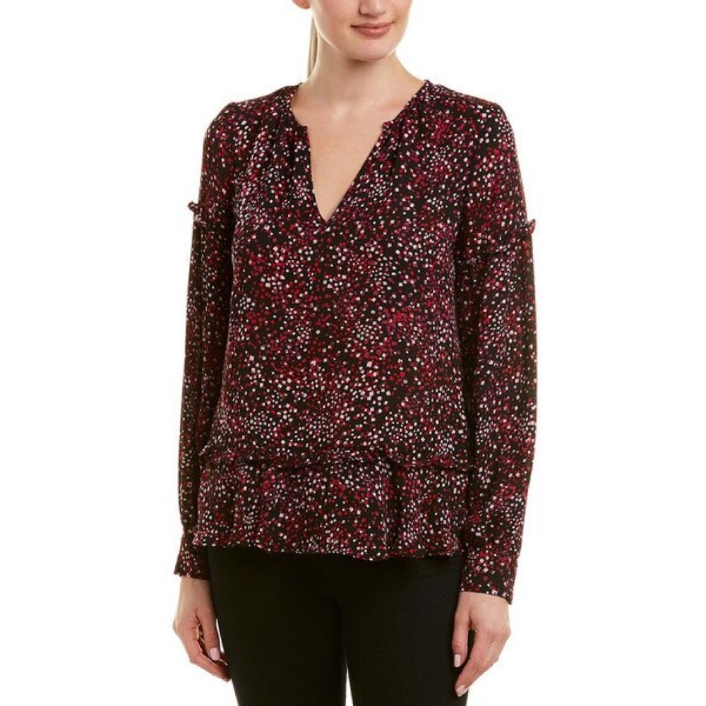 NWT Parker Red Black V-Neck Ruffle Peasant Blouse XS L